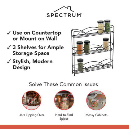 Spectrum 3 Tier Spice Rack Organizer Black Countertop Wire Shelf Spice Rack for Modern Kitchen Pantry Cabinet, Organize Spices with Three Tier Spice Shelf for Kitchen Storage with Wall Mount Option