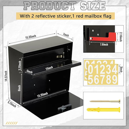 Yaocom Extra Large Wall Mount Mailboxes for Outside 15.35 x 15 x 7 Inches Locking Security Mail Box Galvanized Steel Wall Mailbox Large Capacity Post Box with Key Lock and Reflective Stickers(Black)