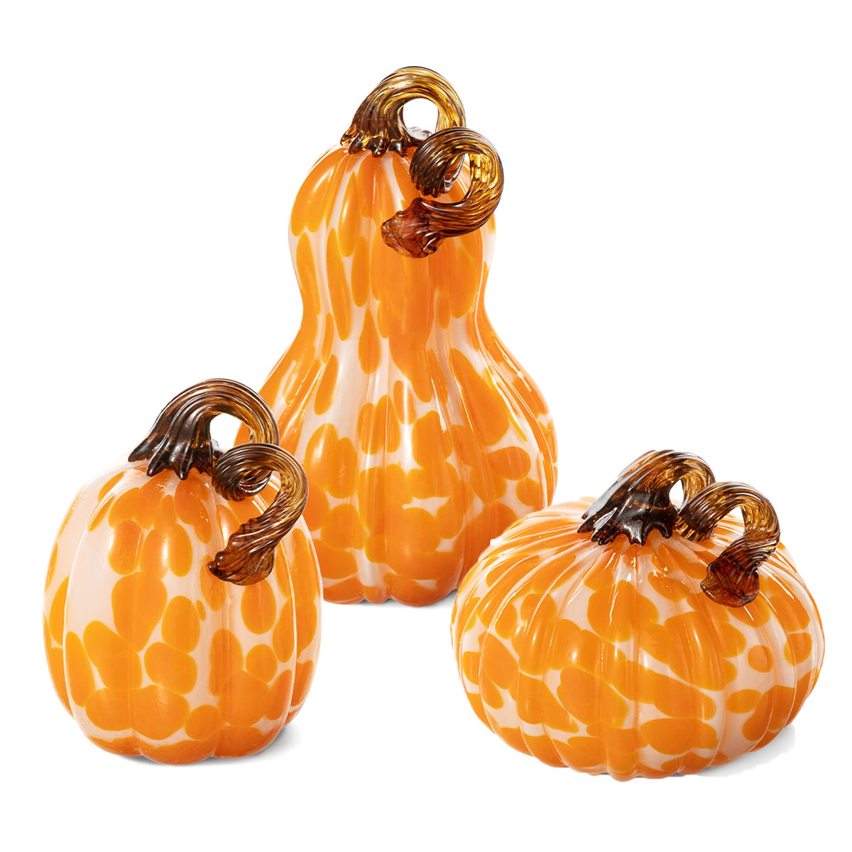 Glitzhome Set of 3 Hand Blown Glitter Glass Pumpkin Table Accent Home Decor for Fall & Harvest Thanksgiving Decorating, Orange Dots