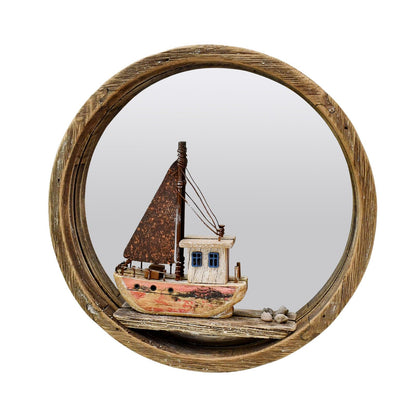 Nautical Wood Wall Decoration Hanging Circle Mirror Sailboat Sign Wooden Sailing Boat Rustic Home Decor Ocean Wall Art Beach Themed Ornament for Door