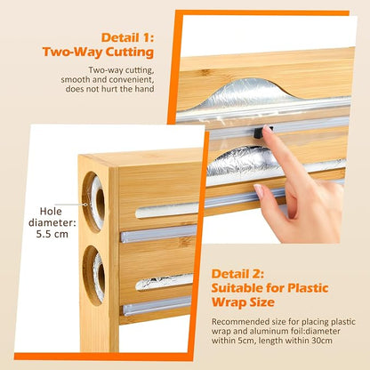 Plastic Wrap Dispenser with Cutter, 3 in 1 Tin Foil Wrap Dispenser Wall-Mounted Organizer for Baking Paper, Wax Paper Holder Kitchen Storage Box (Wood)