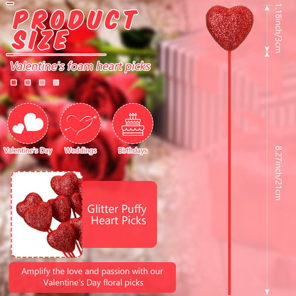 ZCYSRLQIN 24 Pcs Glitter Foam Hearts Sticks Foam Heart Picks Sparkly Hearts Stems Puffy Heart Wooden Picks for Wedding Decorations Flower Arrangements Crafts (Red)