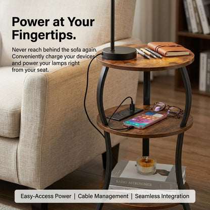 Small Round Side Table with Charging Station, 3-Tier Waist Circular End Table with Storage Shelf, Compact Tea Sofa Side Table Small Spaces, Round Corner Coffee Table for Living Room Bedroon,Brown