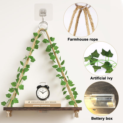 Fixwal Artificial Ivy LED-Strip Floating Shelves Set of 3, Macrame Hanging Shelves Plant Wall Decor, Rustic Boho Wood Wall Storage Shelves for Bedroom, Living Room, Bathroom Decor (Dark Brown)