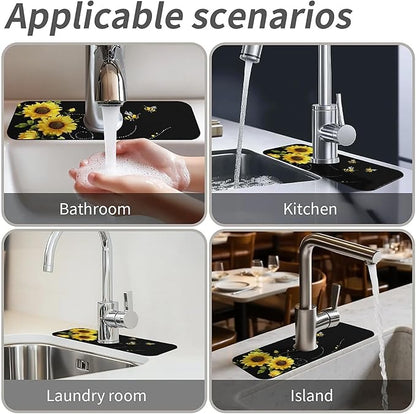Kitchen Sink Splash Guard，sunflowers-and bees- Faucet Mat Sink Gadgets-Super