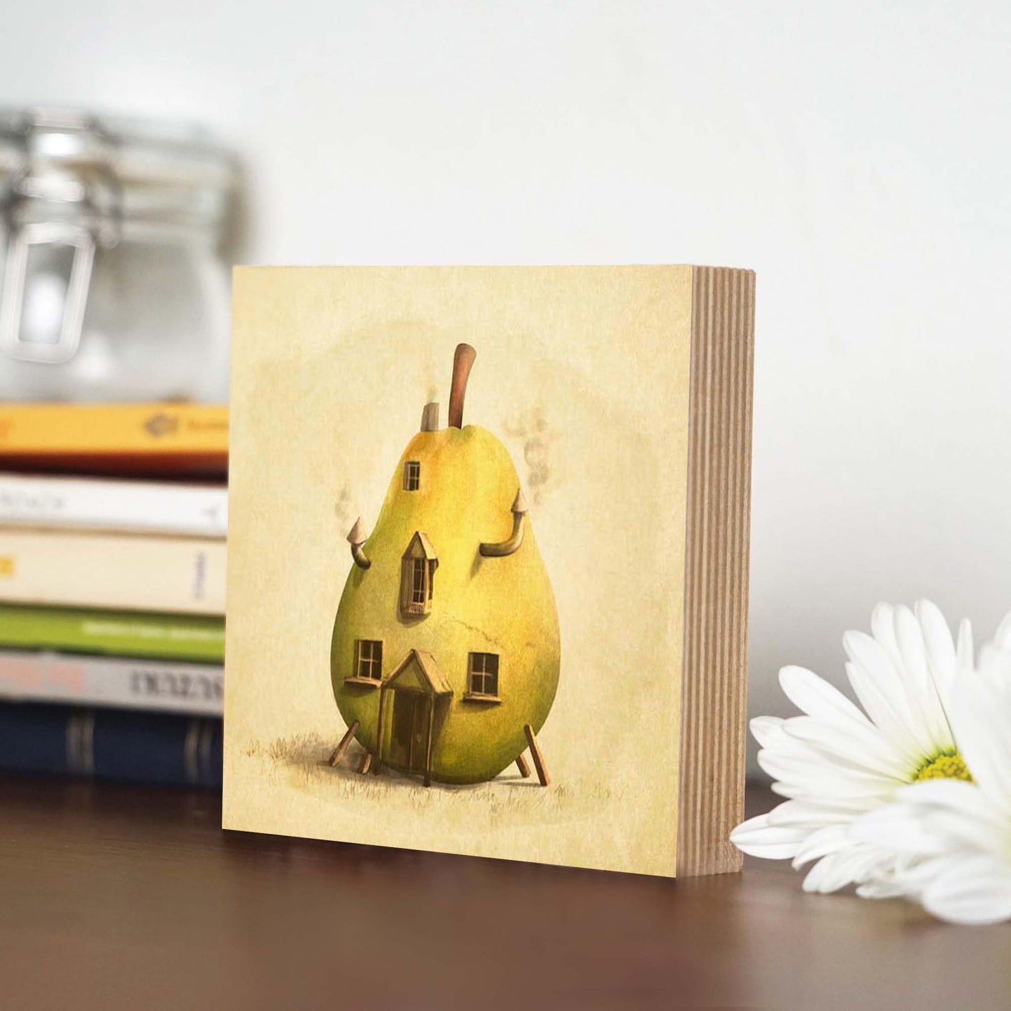 Whimsical Pear House Wooden Block Sign, Fantasy Art Wood Decor, Storybook Style Shelf Sitter, Home Table Mantel Tiered Tray Accent Gift for Living Room Office