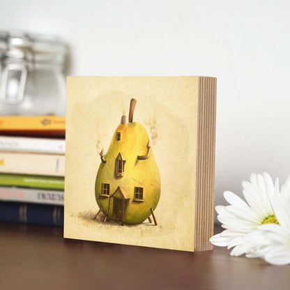Whimsical Pear House Wooden Block Sign, Fantasy Art Wood Decor, Storybook Style Shelf Sitter, Home Table Mantel Tiered Tray Accent Gift for Living Room Office