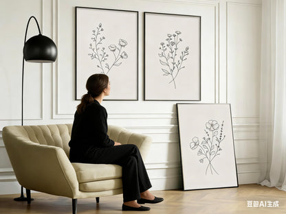 3Pcs Flower Line Canvas Wall Art Neutral Botanical Black and White Flower Painting Picture Wall Decor Minimalist Plant Poster Print Artwork for Living Room Bedroom Office Home Decoration Unframed