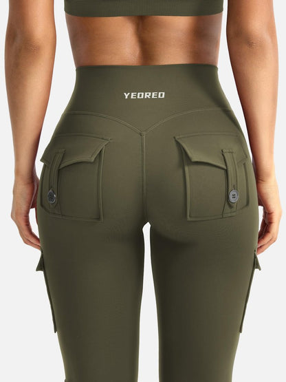 YEOREO CoreFlex Women Workout Flare Leggings with Pockets Hidden Scrunch High Waisted Cargo Gym Yoga Leggings Army Green M