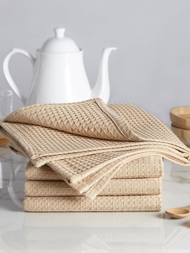 Encasa XO Kitchen Dish Towels Set | Beige | Waffle Weave and Flat Hand Tea