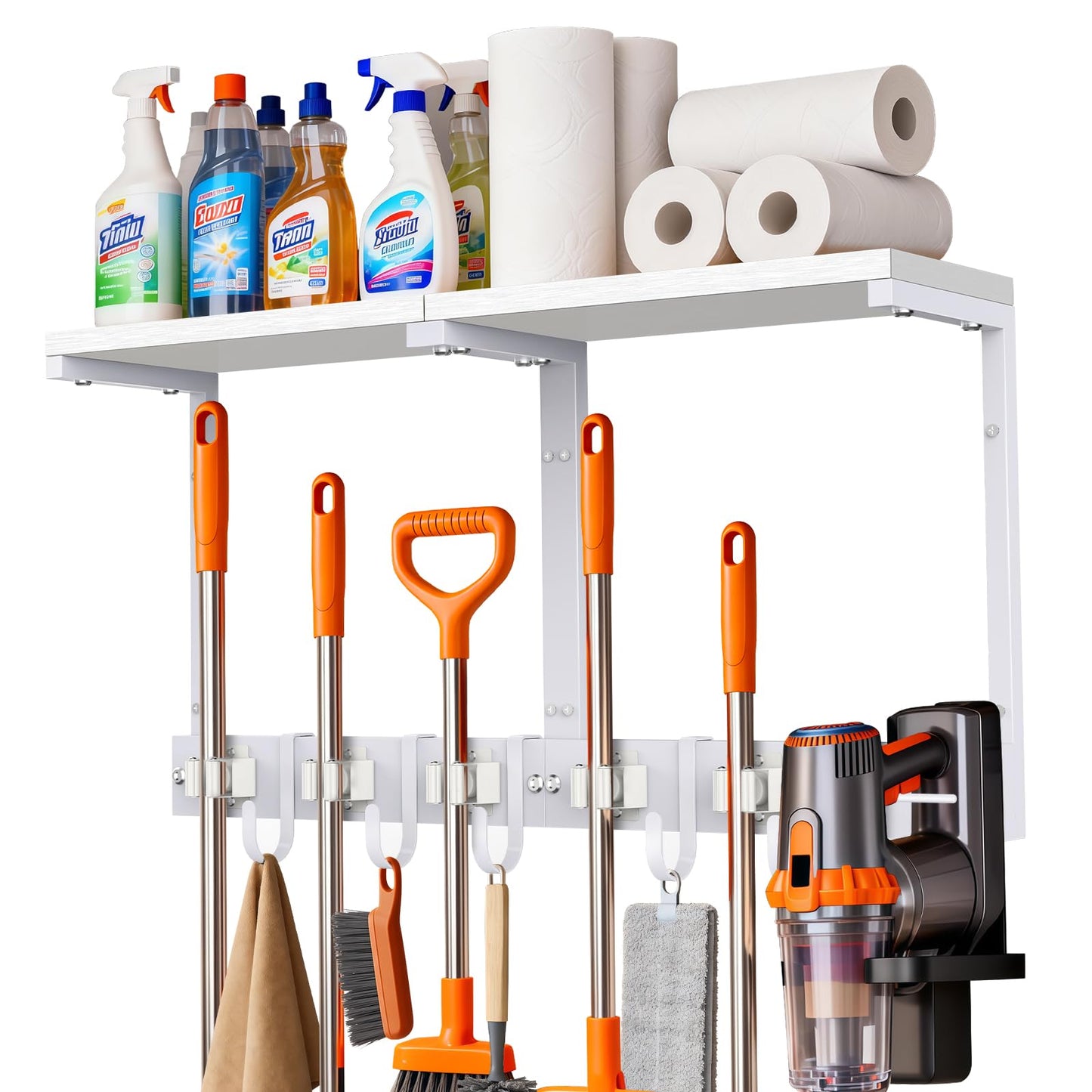 Broom Holder Wall Mount with Top Wooden Shelf, Heavy Duty Metal Cleaning Supplies Broom Hanger with Vacuum Organizer and 5 Slots & 5 Hooks for Laundry Garage Tool Storage Kitchen (Large, White)