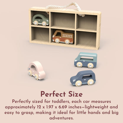 SPEEDY MONKEY Wooden Toy Cars Set for Pretend Play | 6-Piece Kids Vehicle Set with Wooden Storage Case | Includes Fire Truck, Ambulance & Colorful Mini Cars for Kids Ages 3+