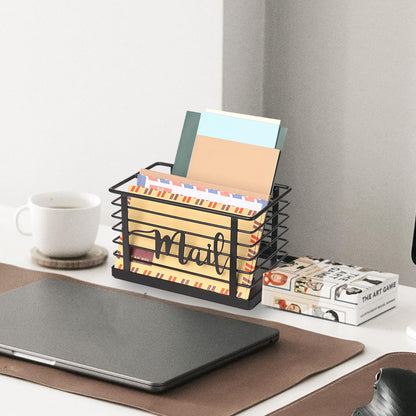 MOSUYO Mail Holder, Acacia Wood & Sturdy Metal Mesh Letter Caddy,2-Slot Desktop Organizer for Desk Home Office