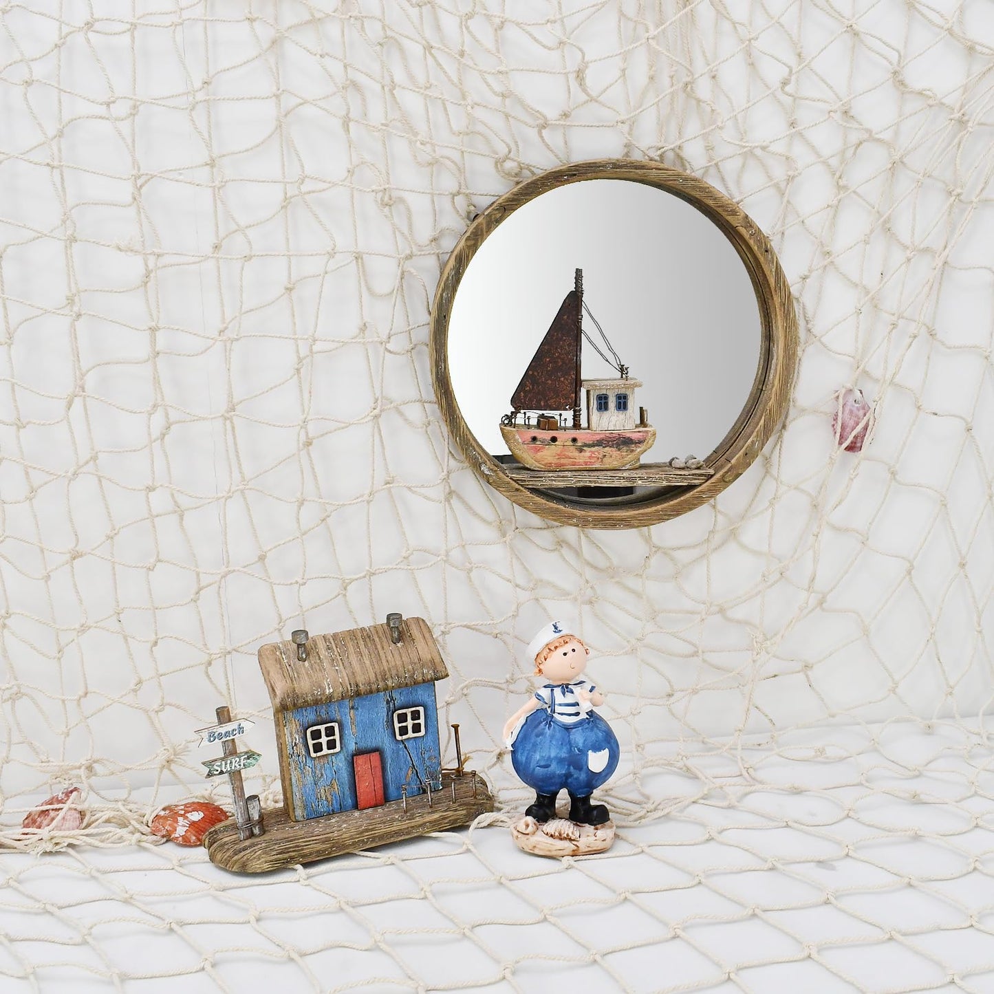 Nautical Wood Wall Decoration Hanging Circle Mirror Sailboat Sign Wooden Sailing Boat Rustic Home Decor Ocean Wall Art Beach Themed Ornament for Door