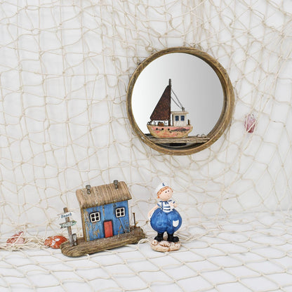 Nautical Wood Wall Decoration Hanging Circle Mirror Sailboat Sign Wooden Sailing Boat Rustic Home Decor Ocean Wall Art Beach Themed Ornament for Door