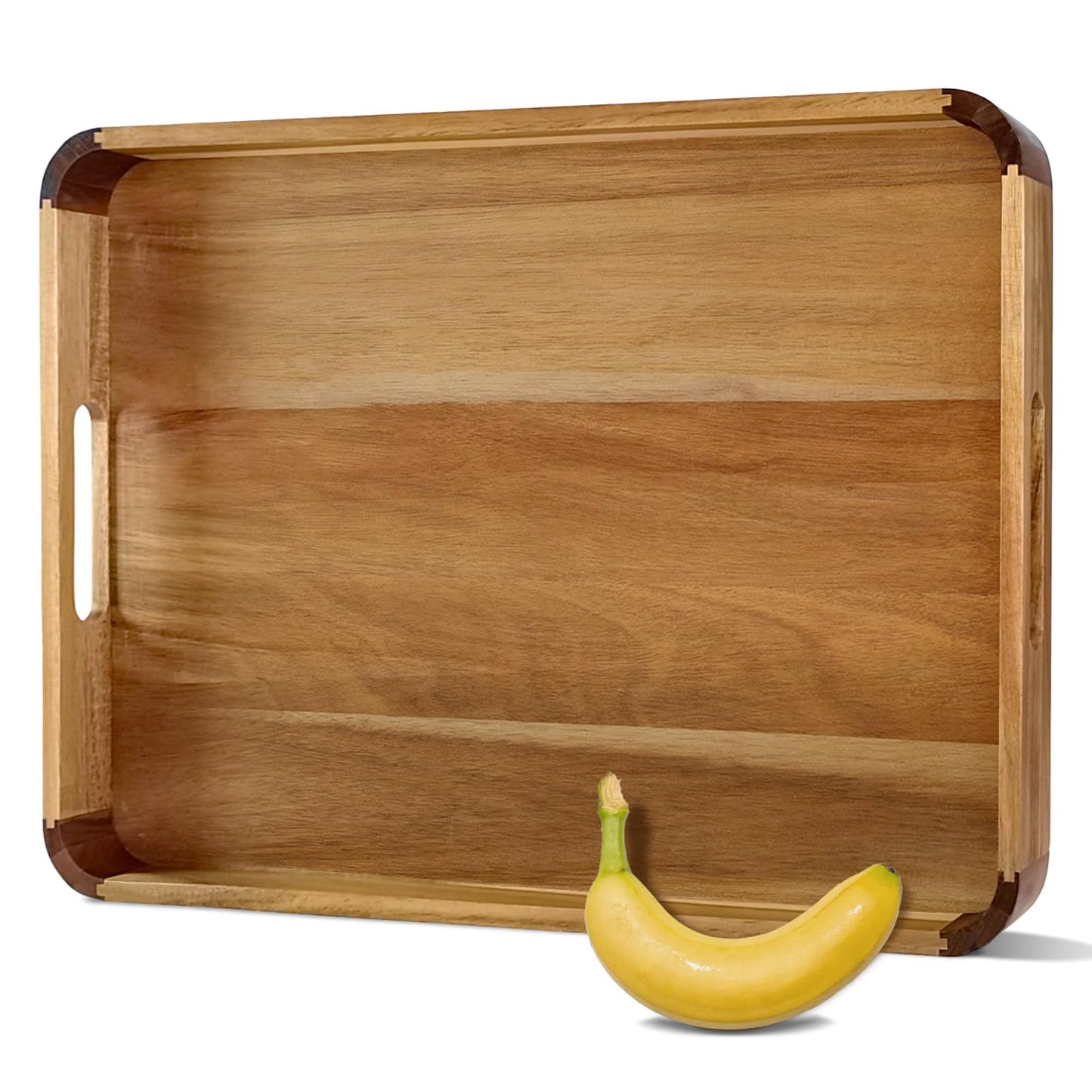 OurMiao 22" x 15.75" Acacia Wood Serving Tray with Handles Rounded Corners, Large Rectangular Wooden Ottoman Tray for Living Room, Coffee Station