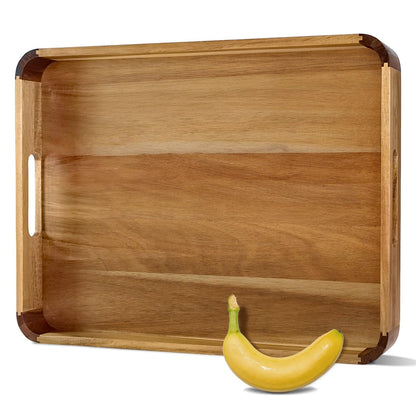 OurMiao 22" x 15.75" Acacia Wood Serving Tray with Handles Rounded Corners, Large Rectangular Wooden Ottoman Tray for Living Room, Coffee Station