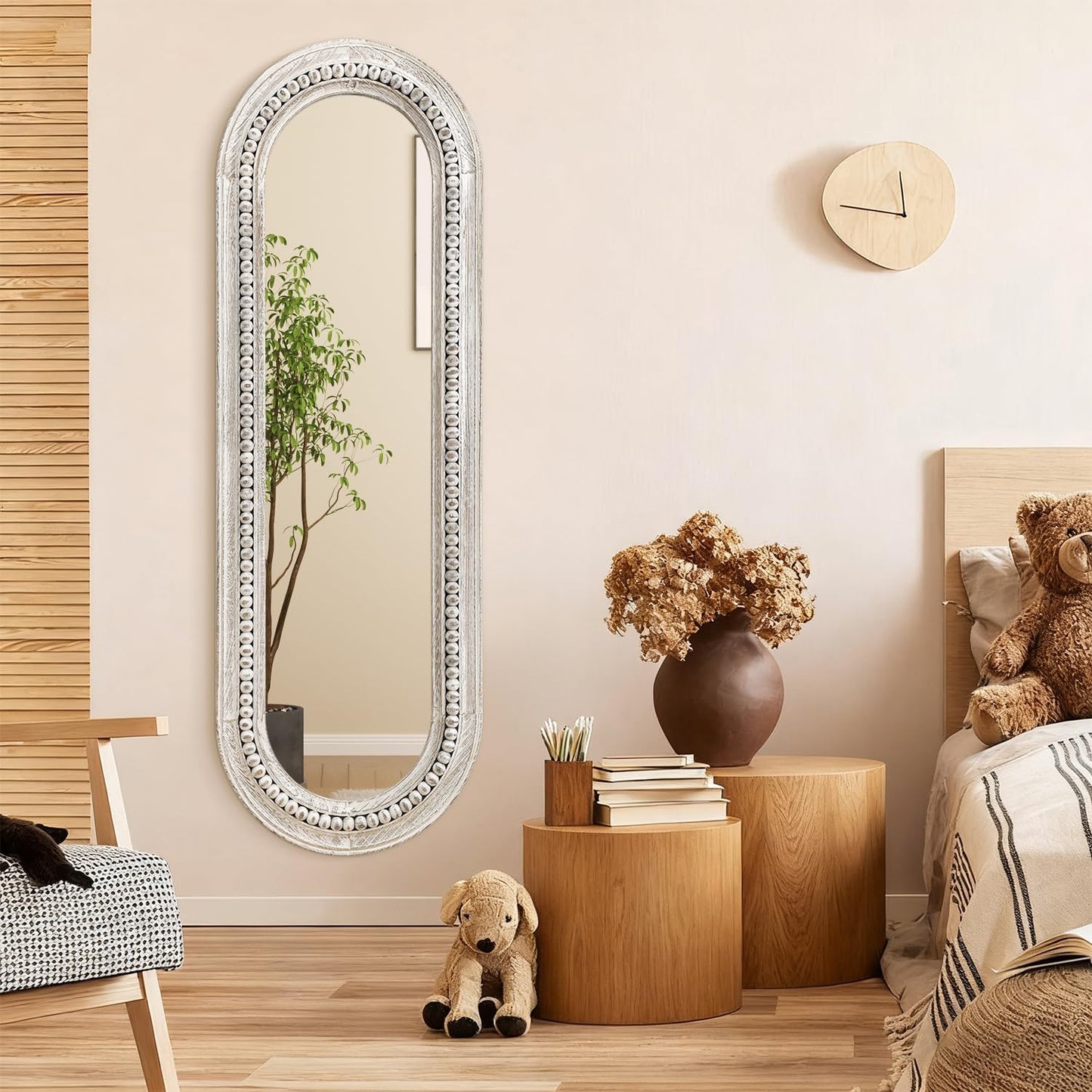 MWAZZLL Wall Mirror Full Length with Beaded Framed Oval Rustic Wood Mirrors Decrorative Large 47"x16" for Bedroom Bathroom Living Room Entryway Dressing Room White