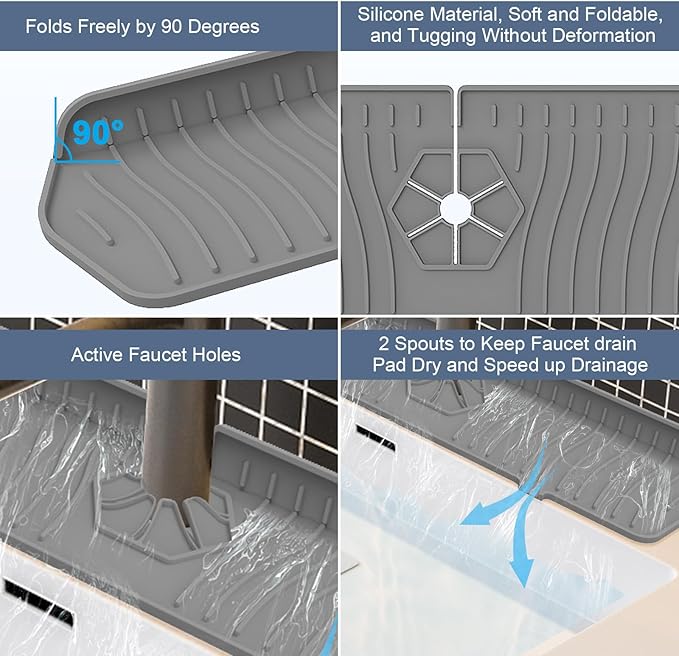 Sink Drain Mat Behind Faucet, Faucet Guard Draining Mat, 90° Foldable Tap