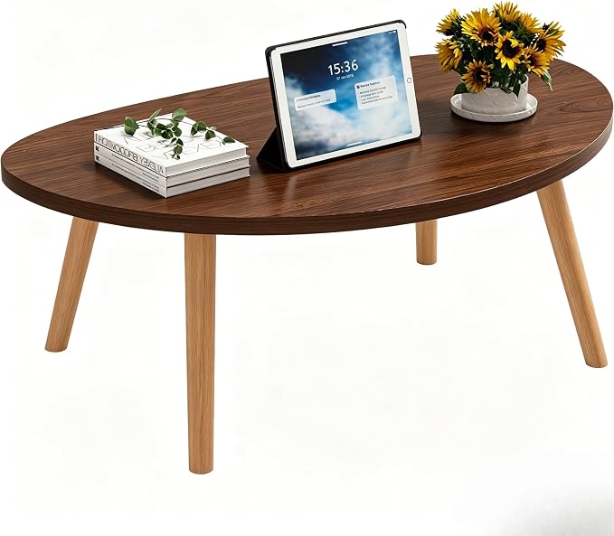 Coffee Table Low Table with Solid Wood Legs, 31.5x19.7" Large Coffee Table Side Table, Floor Table Desk for Sitting on The Floor, Living Room Furniture for Office Apartment Home, Pebble-Walnut