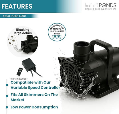 HALF OFF PONDS Submersible Water Pump, 1,200 GPH Pond Pump with 33FT Power Cord and 17FT Max Head, 144W Ultra Quiet Energy Efficient Pump for Koi Pond, Fountain, Waterfall, Water Garden, Skimmer