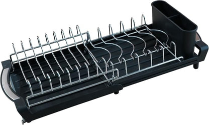 Dish Drying Rack Compact Expandable Double-Decker: Stainless, Rust-Proof, fits Kitchens/Apartments, extends 11.42"-19.9" (Black).