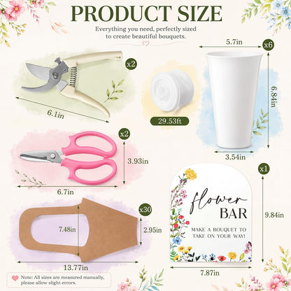 Ninehaoou 43 Pcs Flower Bar Buckets Kit Bloom Bar Supplies Flower Display Stand with 6 Bucket 1 Wood Sign 4 Scissors 30 Bouquet Wrapping Bags for Fresh off The Market Wedding Bridal Baby Shower(Small)