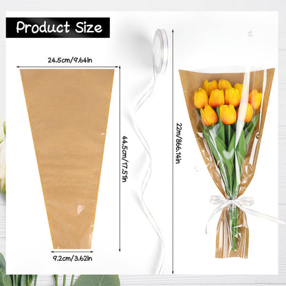 STEFORD 50Pcs Flower Bags for Bouquets Kraft Floral Sleeves Wrapping Paper with Ribbons for Mother's Day, Wedding, Birthday Graduation Florist Wrap Supplies, 9.8x17.9 Inch