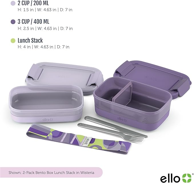 Ello 2-Pack Bento Box Lunch Stack Plastic Food Storage Container | Leak-Proof