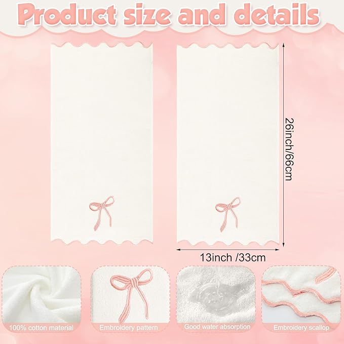 2 Pcs White Pink Scalloped Hand Towels