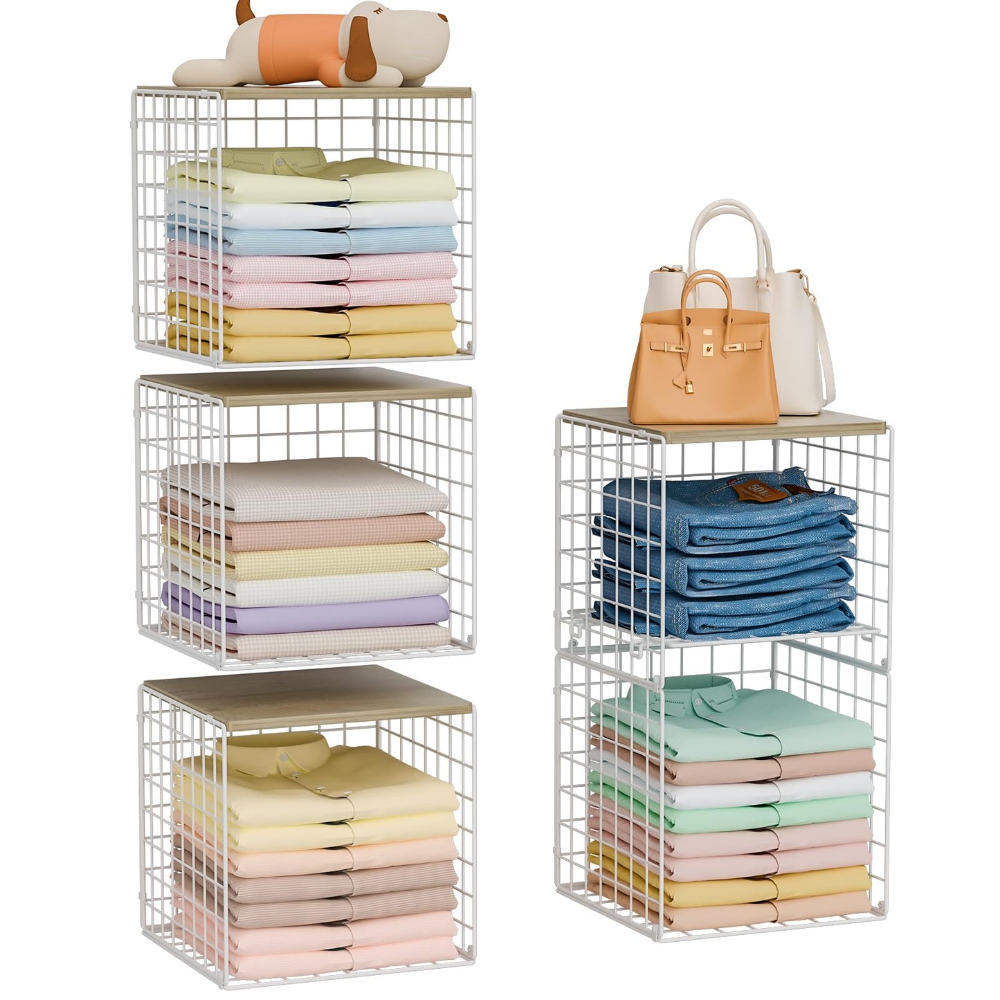 Hencawima 5PCS Stackable Closet Organizers and Storage, Closet Shelves with Wood Top Extra Storage, Clothes Storage Organizer Basket Bin/Cube for Home Wardrobe Organization(White-Sturdy Metal)