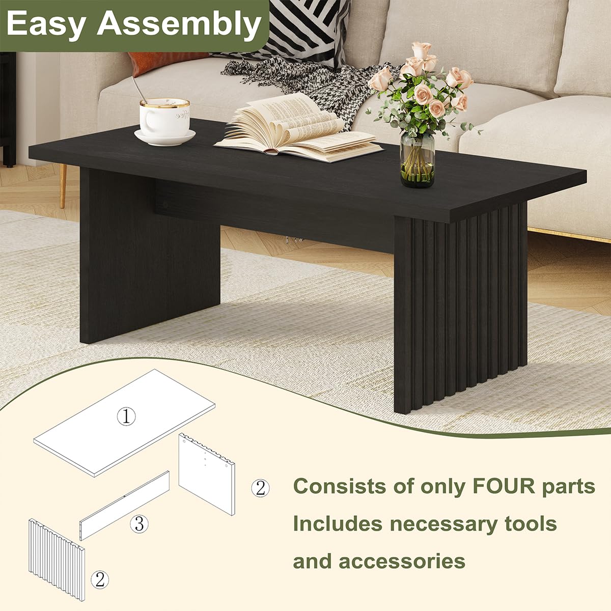 BON AUGURE Modern Coffee Tables for Living Room and Entryway Bench with Shoes Storage for Entry,Wooden Furniture Set for Home, Office (Black Oak)