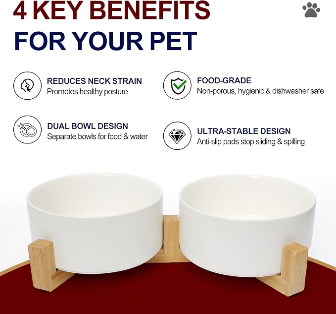 Dog Food Bowl, 28.7 oz Ceramic Modern Design, Dog Water and Food Bowl with Wood Stand, for Puppy & Cat, Non-Slip Feeding Station with Weighted Base, White