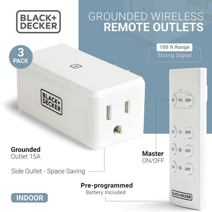 Black+Decker Wireless Remote-Control Outlet, Pack of 3 Outlets, 1 Remote - Premium Light Switches