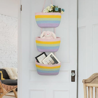 TeoKJ Over the Door Organizer, 3-Tier Woven Cotton Hanging Storage Baskets