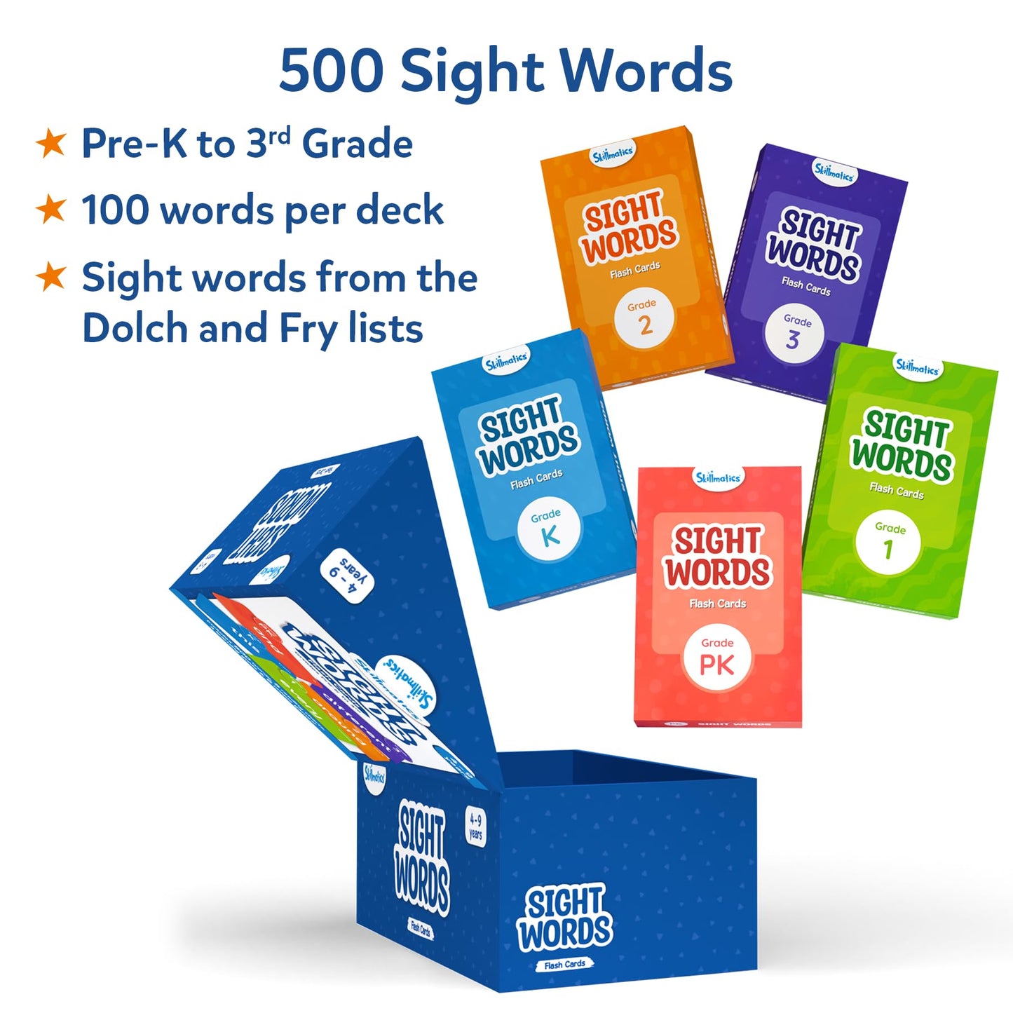 Skillmatics Flash Cards - 500 Sight Words for Preschool (Pre-K), Kindergarten, 1st, 2nd, 3rd Grade Gifts, Includes The Dolch & Fry Word List & 6 Unique Games