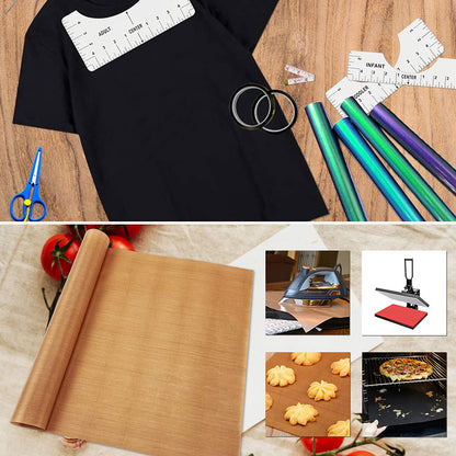 T-Shirt Alignment Ruler Heat Resistant Tape 10mm X 33m 108ft, PTFE Teflon Transfer Sheet 16 x 20-4 Rulers, 2 Rolls Heat Resistant Tape, 3 Packs PTFE Teflon Sheet and 1 Tape Measure Included