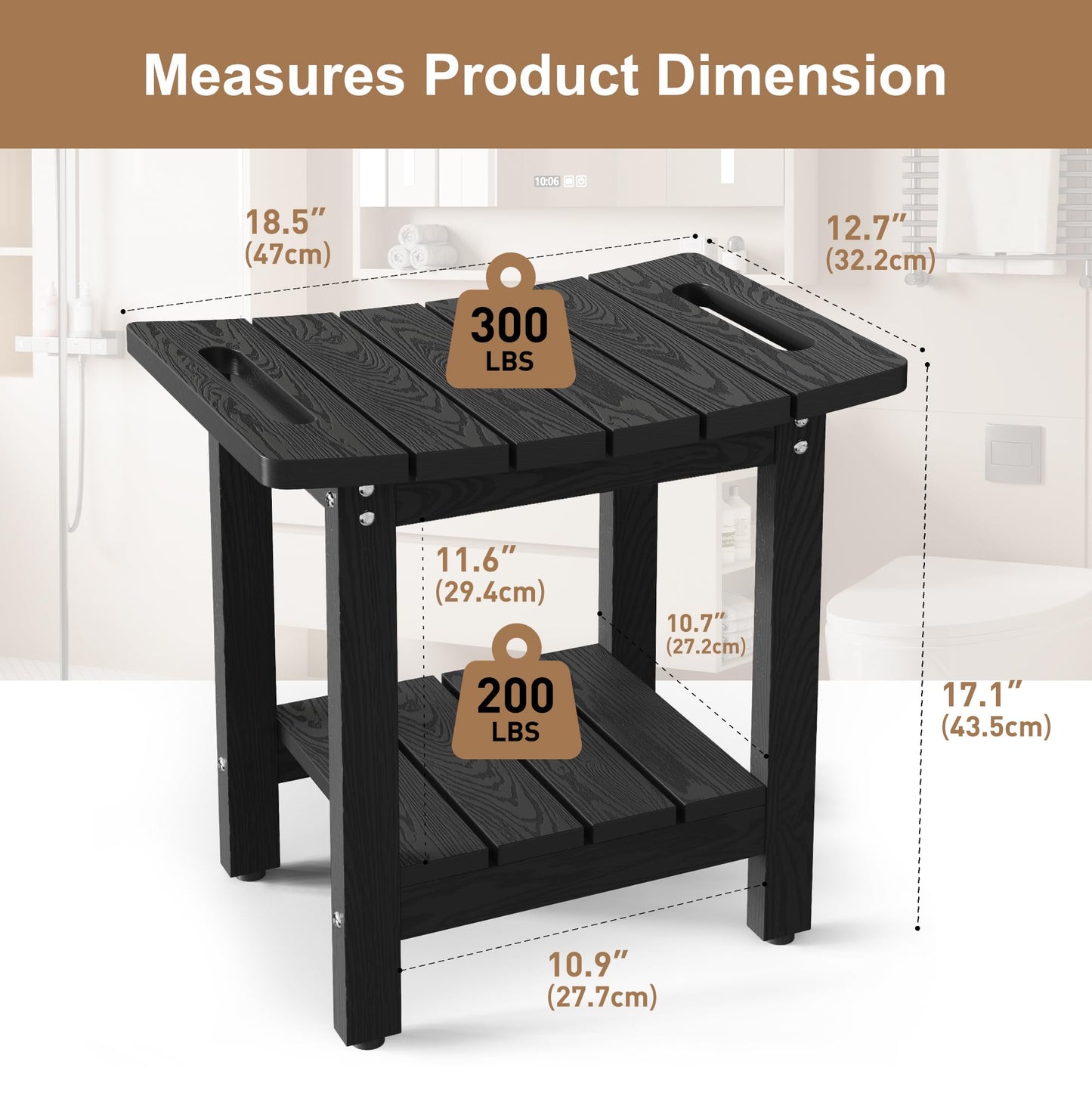 oridom HIPS Shower Benches for Inside Shower, Shower Stool with Space-Efficient Storage Shelf, Waterproof Shower Chair Seat for Spa Bathroom(Black)