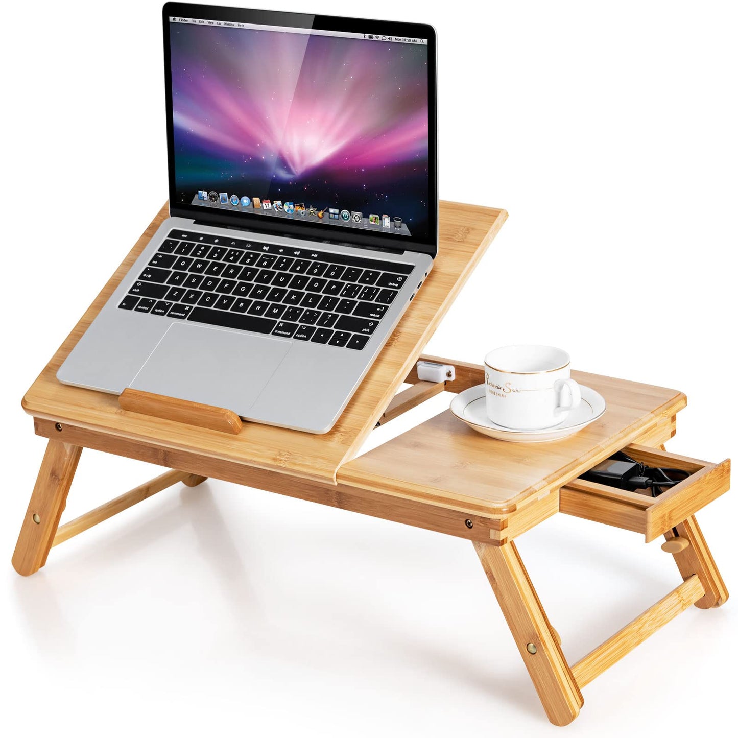 ReunionG Bamboo Laptop Desk with Drawer, Height Adjustable and 4-Level Tilting Desktop, Foldable and Portable Lap Tray with Heat-Dissipation Holes, Tray Table Stand for Surfing Reading Writing Eating