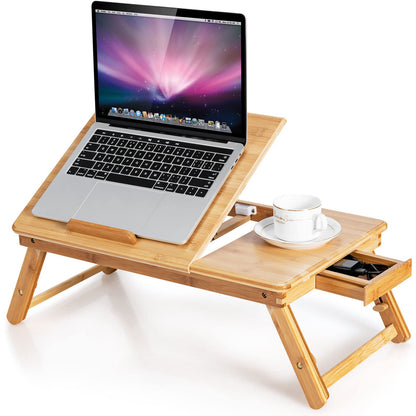 ReunionG Bamboo Laptop Desk with Drawer, Height Adjustable and 4-Level Tilting Desktop, Foldable and Portable Lap Tray with Heat-Dissipation Holes, Tray Table Stand for Surfing Reading Writing Eating