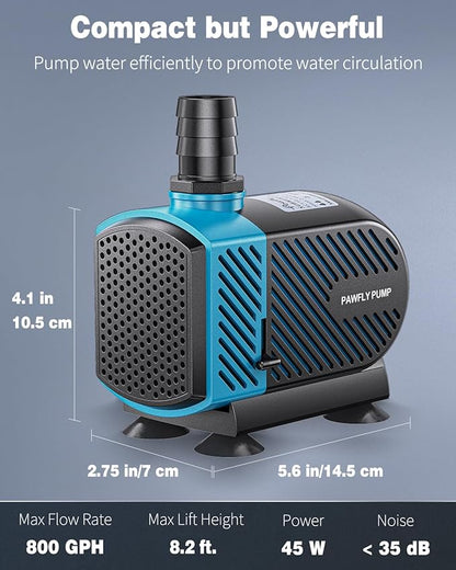 Pawfly 800 GPH Aquarium Submersible Water Pump (3000L/H, 45W) Ultra Quiet Water Fountain Pump with 8.2 ft. Lift Height Adjustable Water Pump for Fish Tanks Ponds Gardens Waterfalls Statuary and Sumps