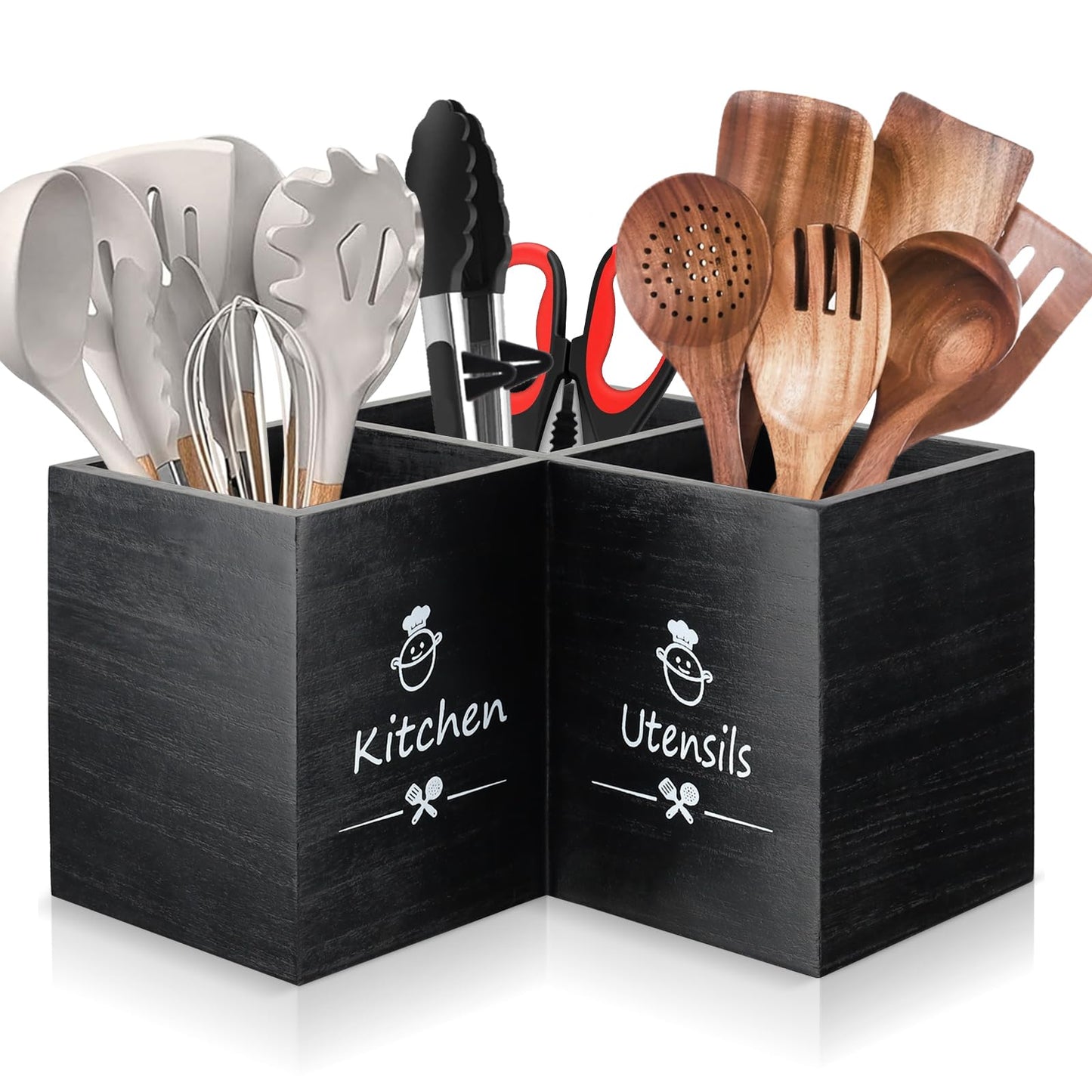 Wooden Kitchen Utensils Holder with 3 Compartments, Large Wooden Large Utensil Caddy Organizer for Counter, Utensil Organizer for Kitchen Countertop, Cooking Utensil Crock for Silverware Spoon Spatula