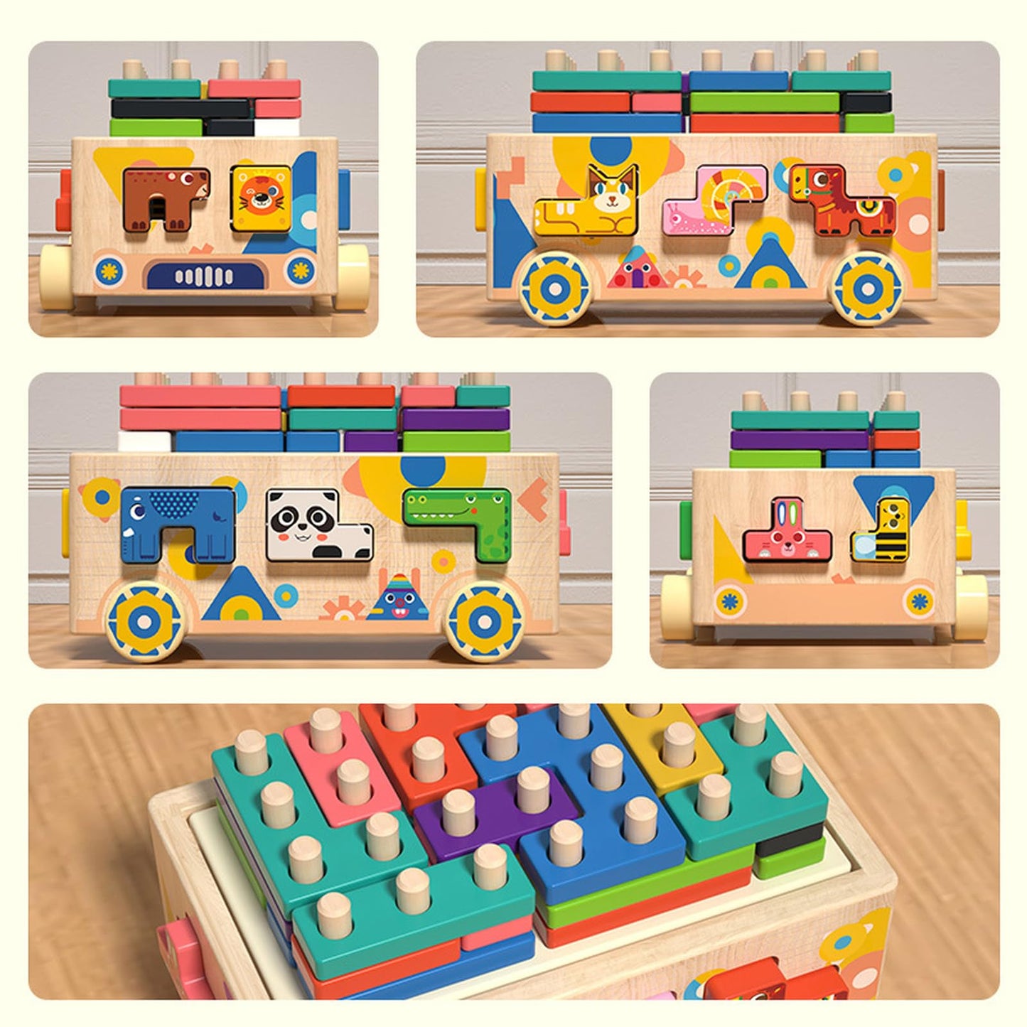 Wooden Montessori Toddler Toy Car Animal Shape Sorting & Peg Stacking Blocks Educational Learning Toy for Toddlers Ages 2-4 Fine Motor Skills Preschool Toy Wooden Shape Sorter Gift for Boys Girls