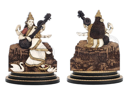 PLEASANTINO - 4 Inch Goddess Saraswati Wood Carved Statue in Exotic Hard Woods - Multi Layered Hand Made Wooden Goddess of Knowledge Idol for Car Dashboard, Home, Office, and Travel