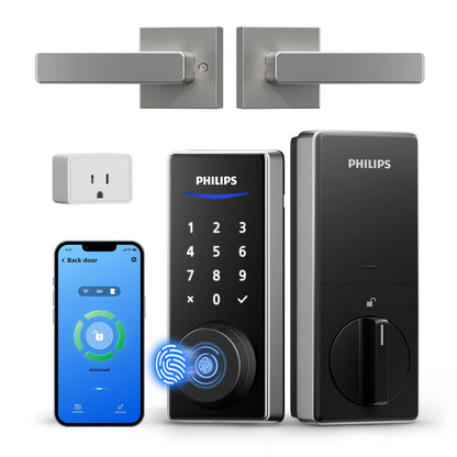 Philips WiFi Smart Lock with Handle, Fingerprint Keyless Entry Door Lock with WiFi Bridge, Smart Locks for Front Door with Handle Set, APP Remote Control, Work with Alexa&Google Assistant, Auto-Lock