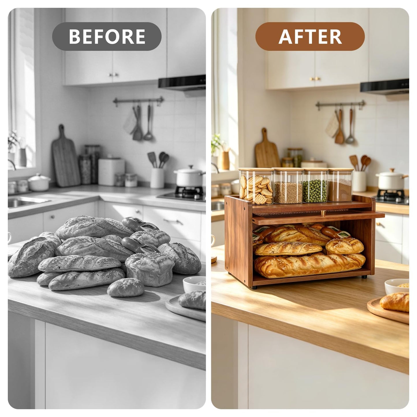 OCSERMIR Wooden Bread Box for Kitchen Countertop, Daily Bread Storage for Clutter-Free Counters, Flat Top Bread Holder with Acrylic Door, Brown