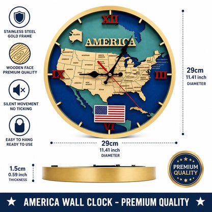 VIVUMAP Wooden Wall Clock USA Map Design 11.4 Inch Silent Non-Ticking, Handcrafted 6-Layer Laser Cut Wood with Gold Frame, Premium Decorative Wall Clock for Living Room, Bedroom, Office