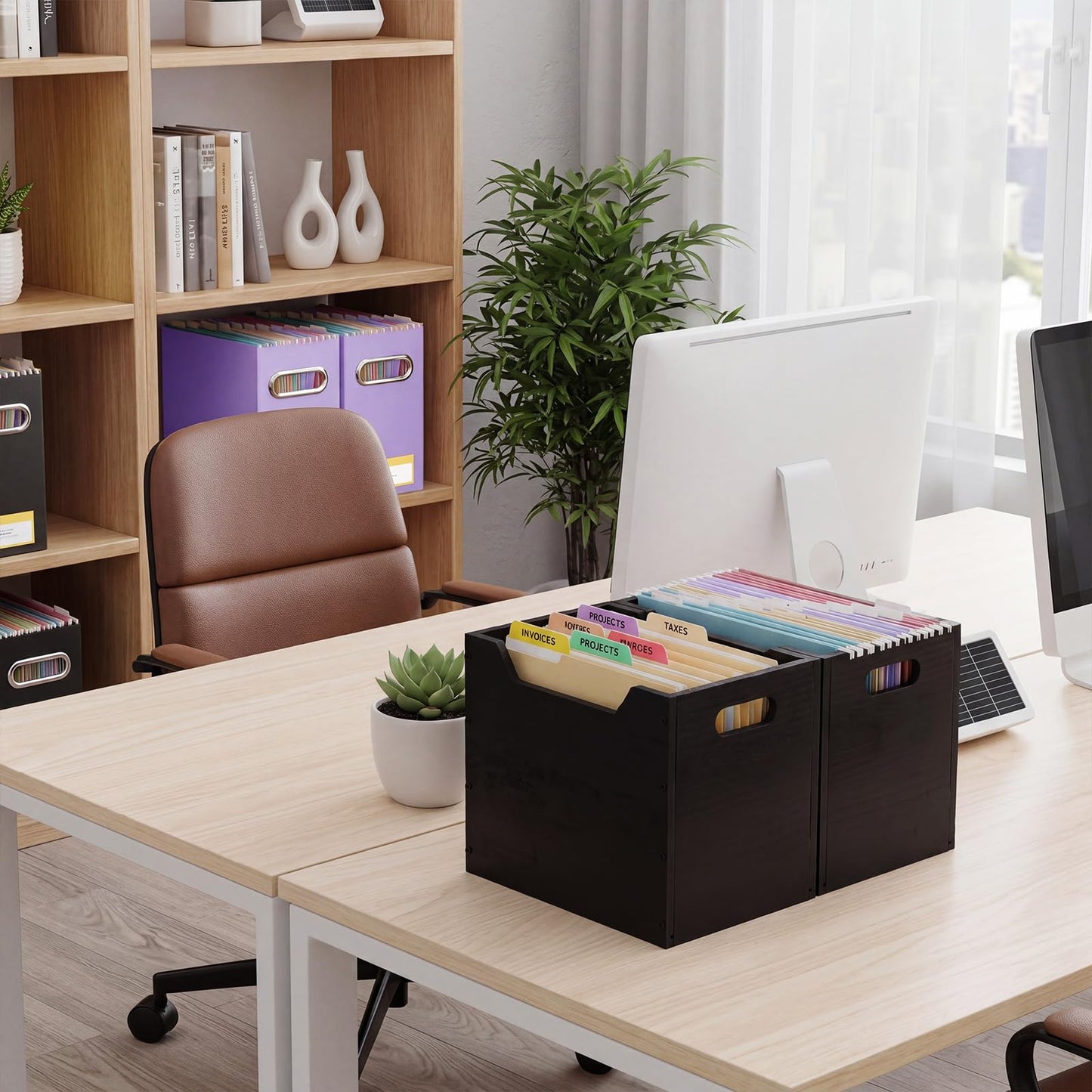 Gerrii 2 Pack Wood File Organizer Box, 12.6 x 8.5 x 10.2 Inch Black Desktop Document Storage Crate with Handle Slot, Assembling Magazine File Holder Bins for Countertop Home Office