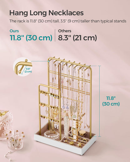 SONGMICS Necklace Holder, Jewelry Stand Holder Organizer, Jewelry Display with Metal Frame, Velvet Tray, Earring Bracelet Holder, for Gift Idea, 4.5 x 7.7 x 12.1 inch, Pale Gold UJJS021A01
