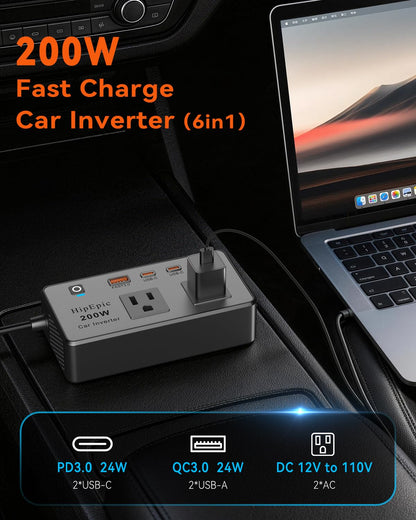 HipEpic 200W Car Power Inverter 12V to 110V Fast Charging, Car Outlet Adapter to Plug 24W USB A/C & Dual AC - 6 in 1 for Laptop Phone, Power Inverters for Vehicle Road Trips Camping (Silver-Black)